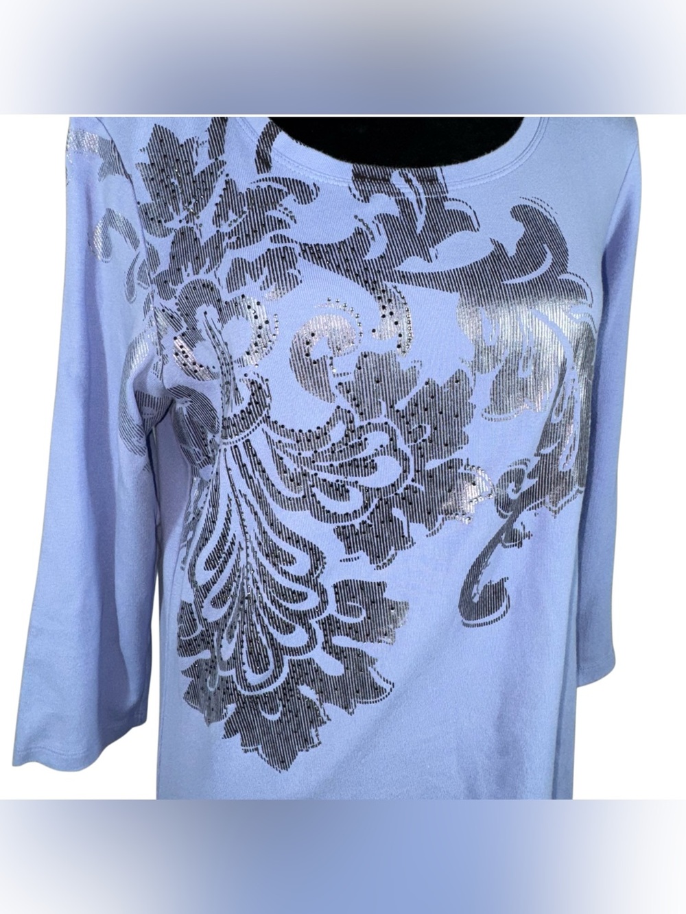 Zenergy By Chicos Knit 3/4 Sleeve Embellished Top Lilac Silver Size 1(M 8-10) - Picture 4 of 13